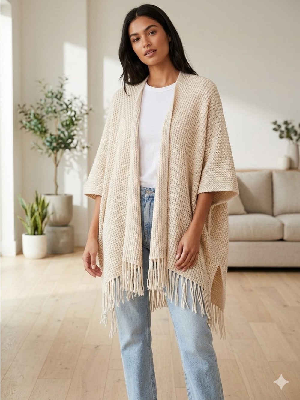 Steve Madden Poncho open knit Sweater fringe Cardigan